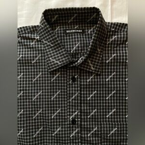 BALENCIAGA Men’s Black White Logo Check Poplin Short Sleeve Shirt Size 40 NWT